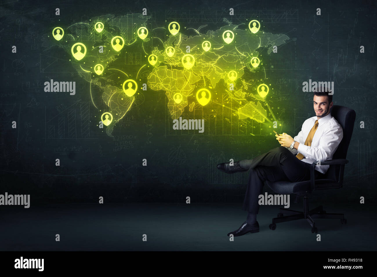 Businessman in office with tablet and social network world map Stock ...