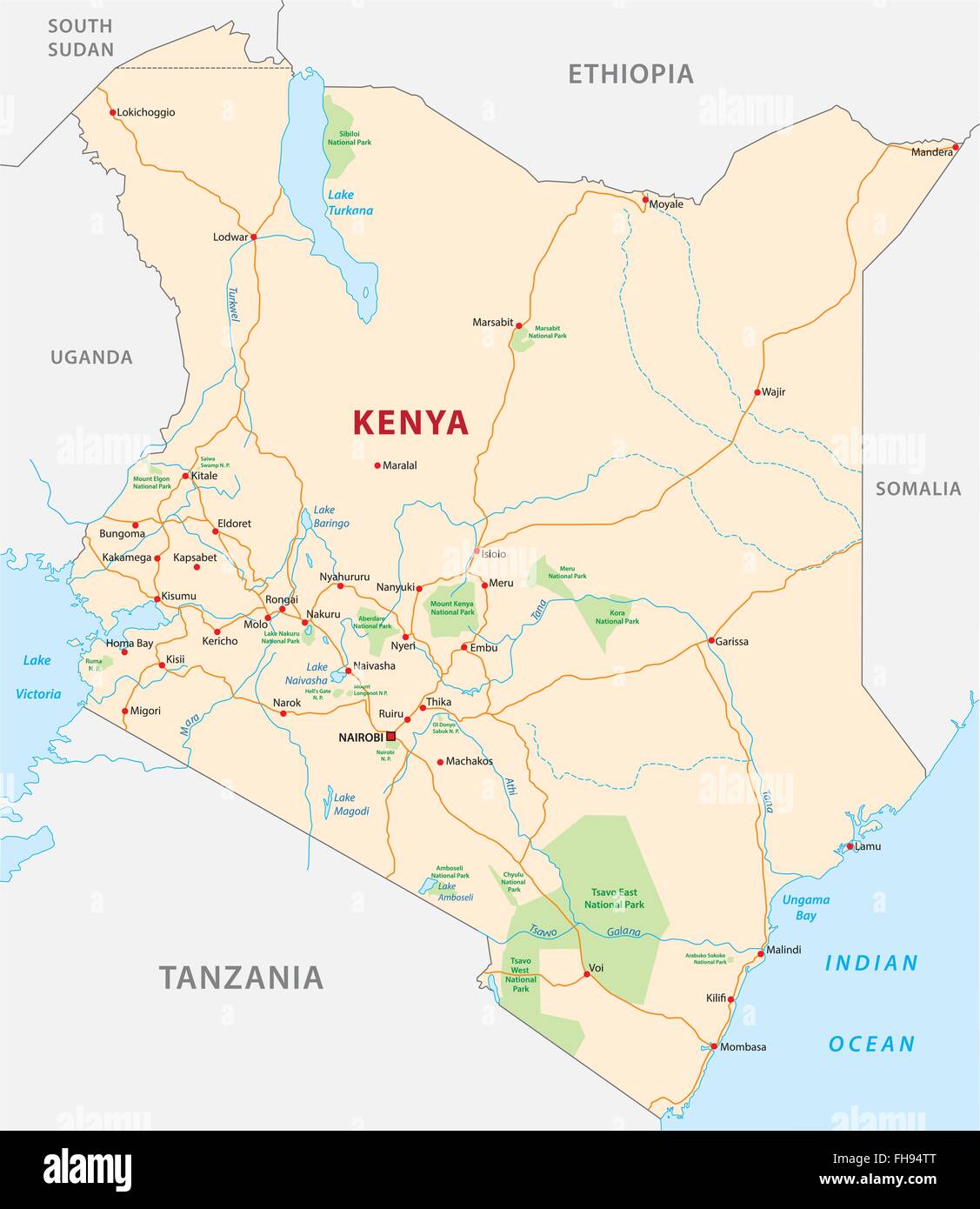 Kenya road and National Park map Stock Vector