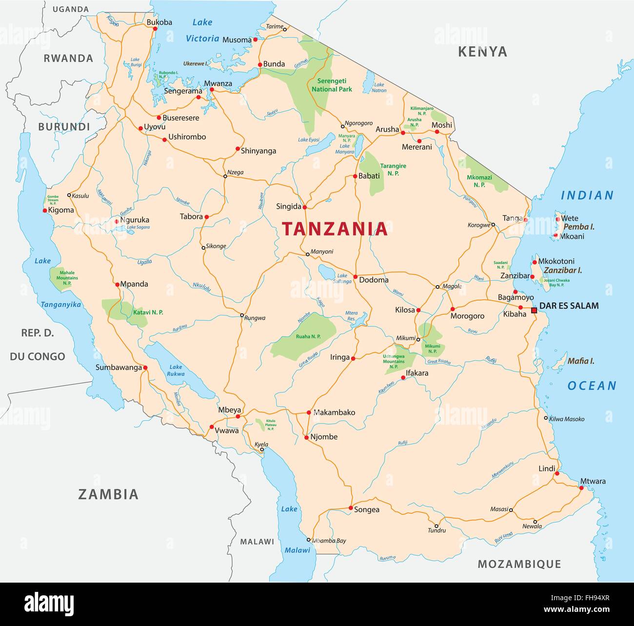 Tanzania road and National Park map Stock Vector