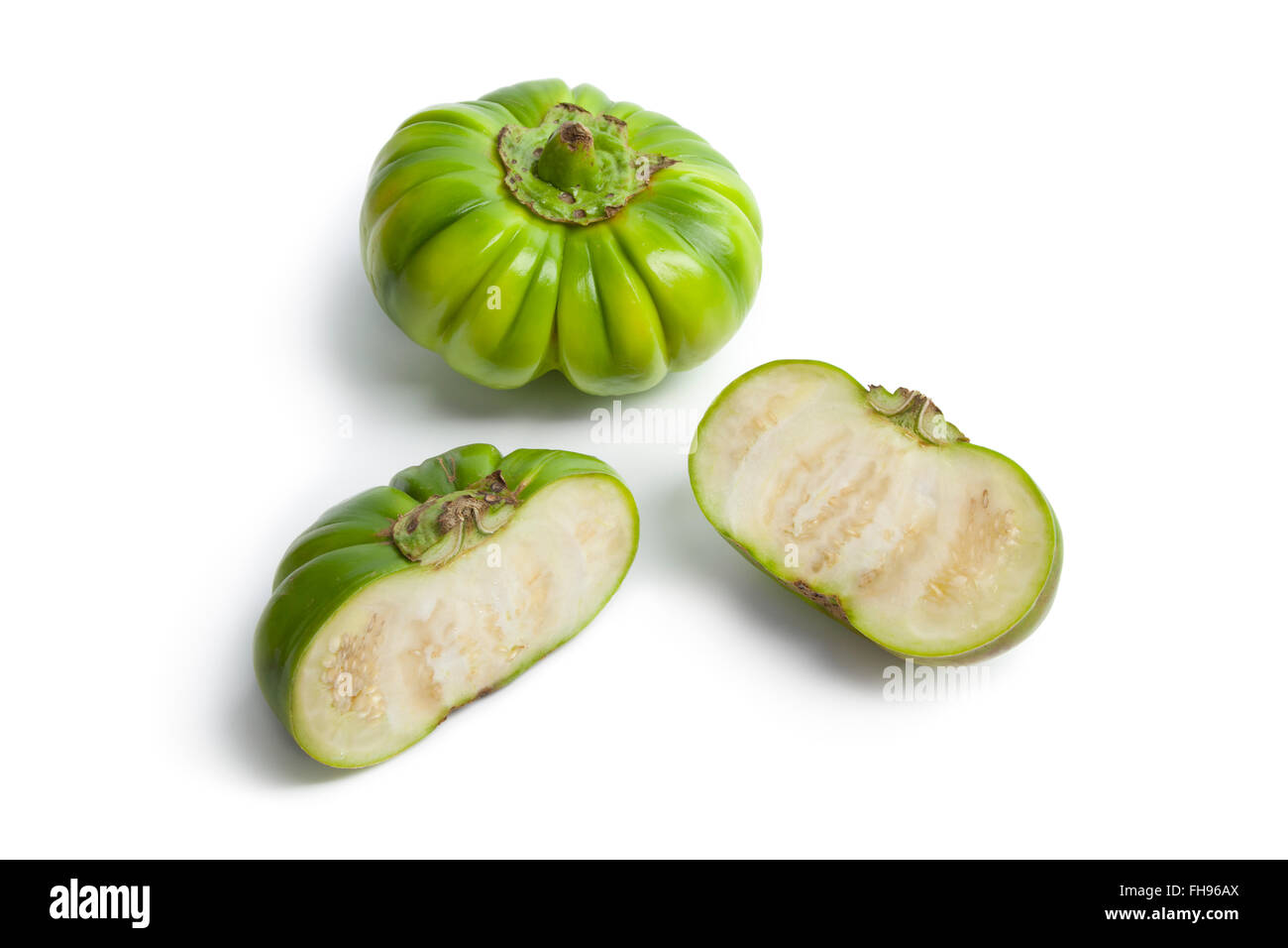 Whole and half fresh raw Ethiopean eggplant isolated on white background Stock Photo