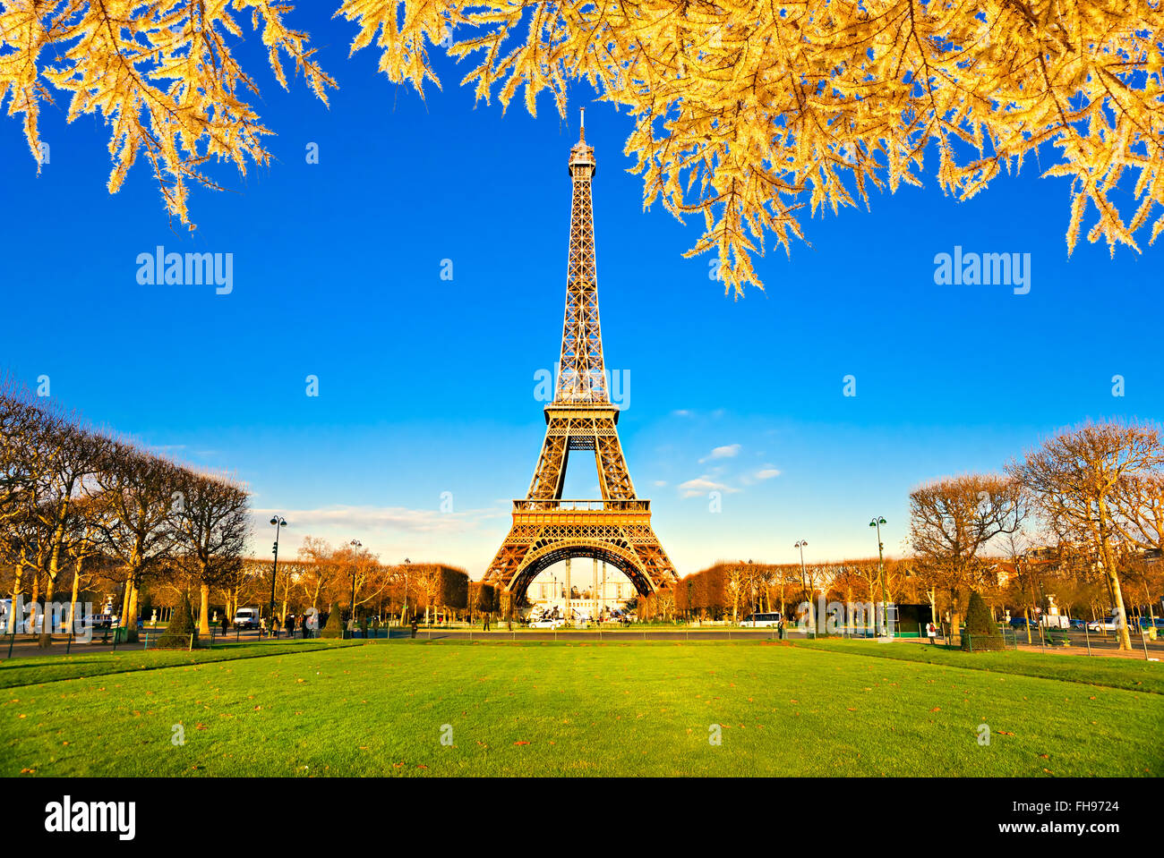 View of the Eiffel tower at sunrise, Paris. Stock Photo