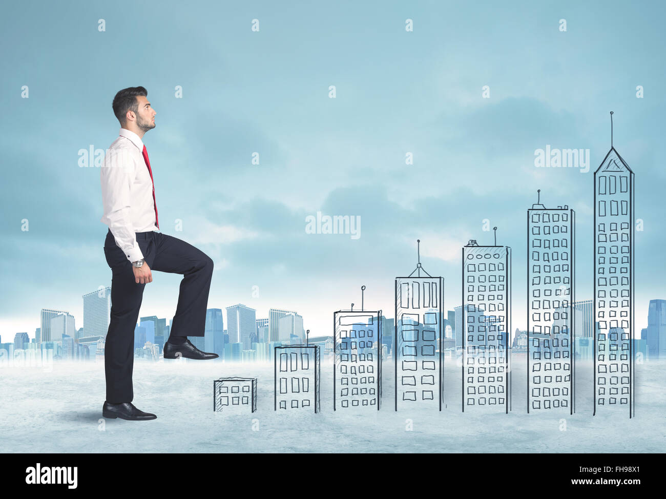 Business man climbing up on hand drawn buildings in city Stock Photo