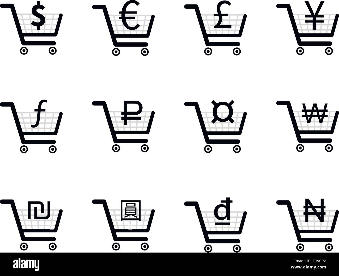 Shopping carts icons with main currency signs inside Stock Vector Image