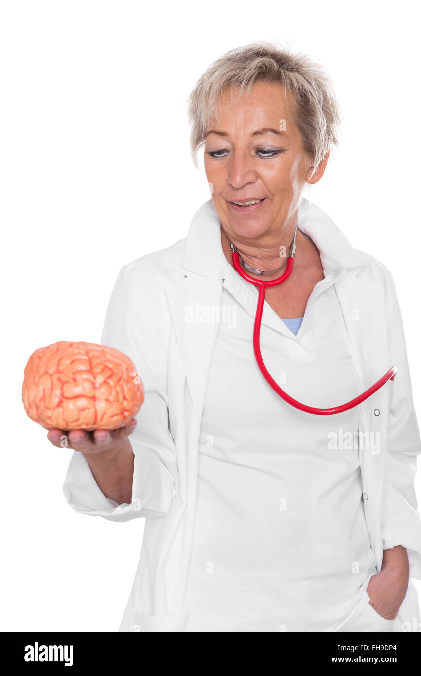 female doctor is holding an plastic brain, isolated in front of white Stock Photo