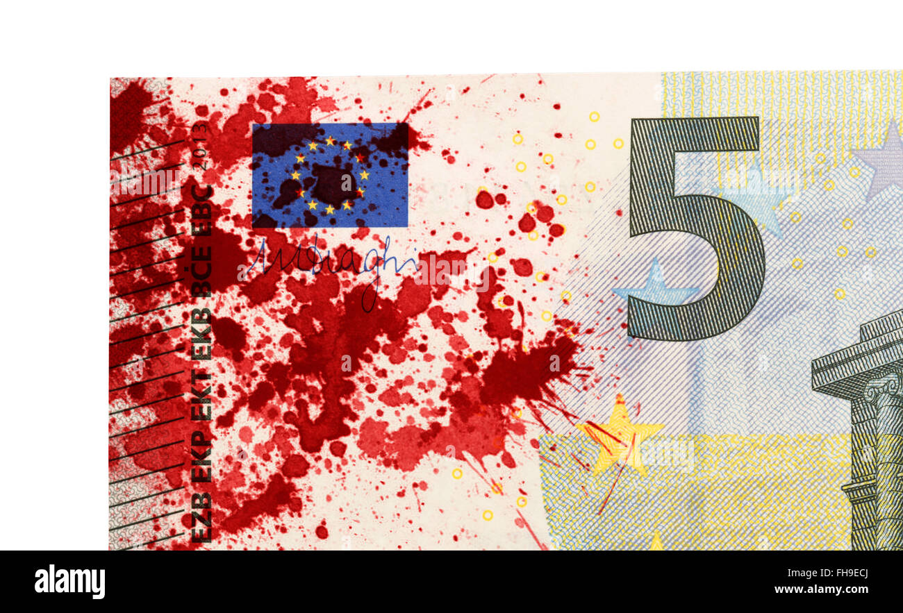 Stained Bank Note Close-up of a 5 euro bank note, isolated, stained with blood Stock ...