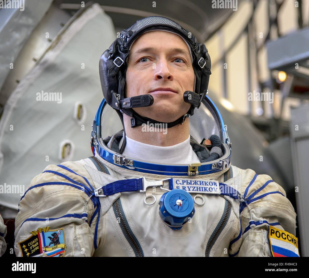International Space Station Expedition 47 backup crew member Russian cosmonaut Sergei Ryzhikov answers questions from the press ahead of his Soyuz qualification exams at the Gagarin Cosmonaut Training Center February 24, 2016 in Star City, Russia. Stock Photo