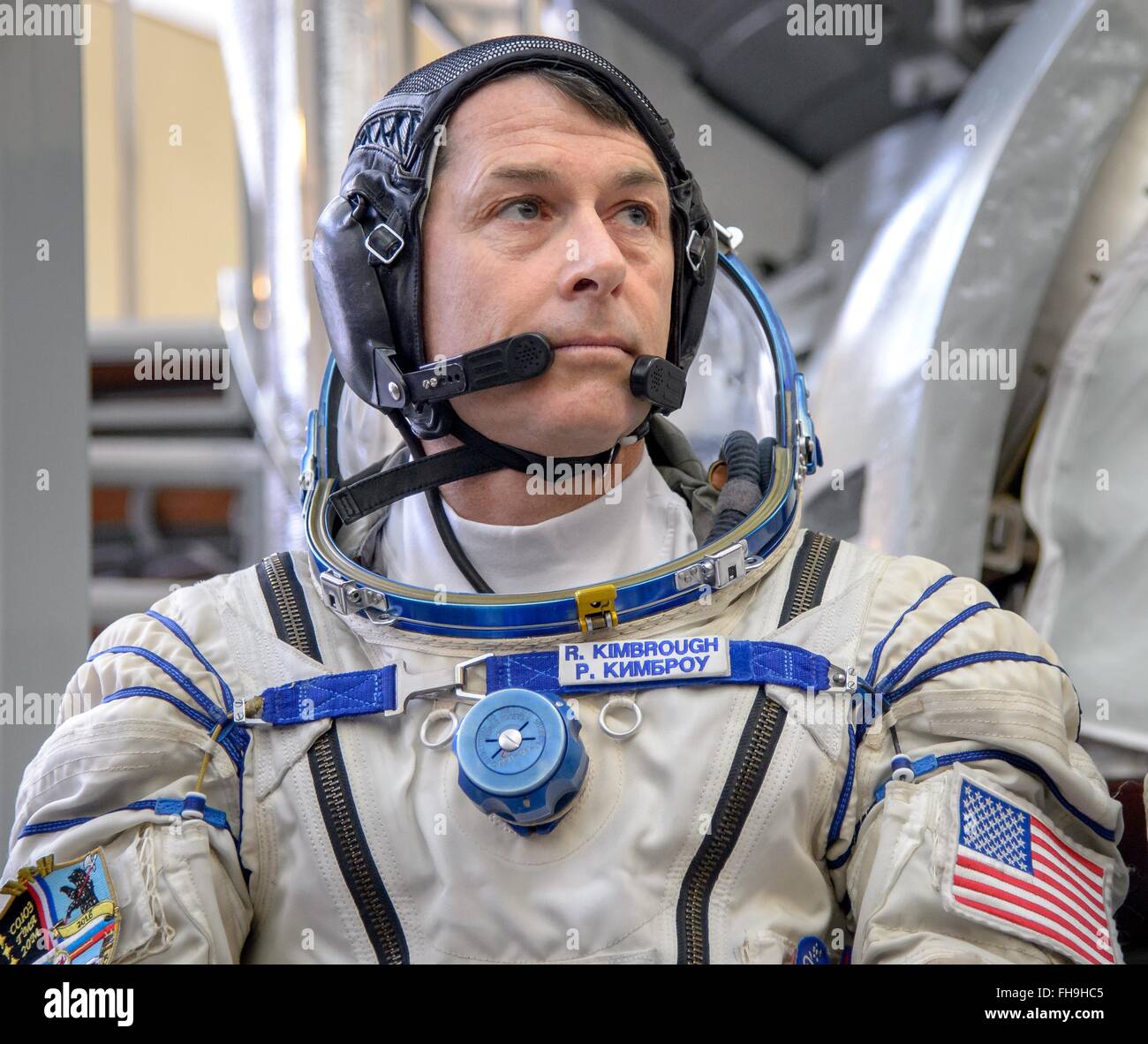 International Space Station Expedition 47 backup crew member American astronaut Shane Kimbroug answers questions from the press ahead of his Soyuz qualification exams at the Gagarin Cosmonaut Training Center February 24, 2016 in Star City, Russia. Stock Photo