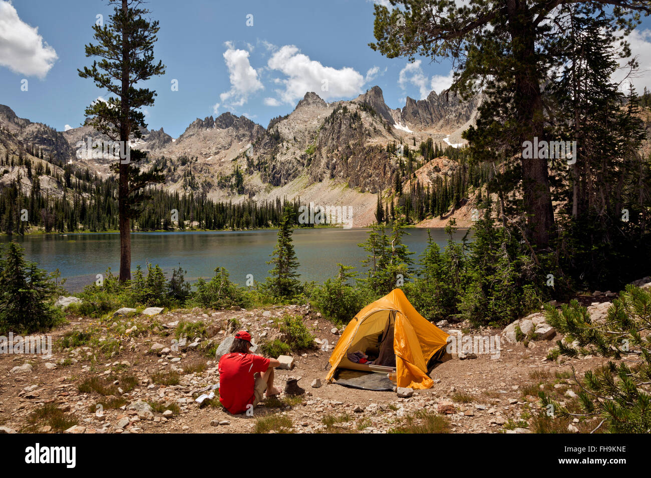 ID00402-00...IDAHO - Campsite at Alice Lake in the Sawtooth Wilderness Area. (MR) Stock Photo