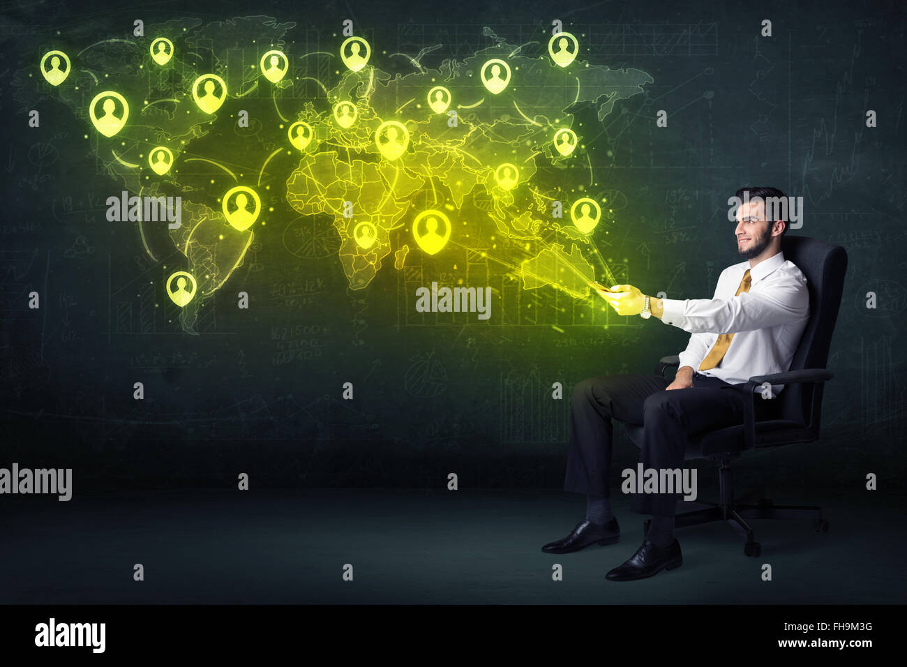 Businessman in office with tablet and social network world map Stock ...