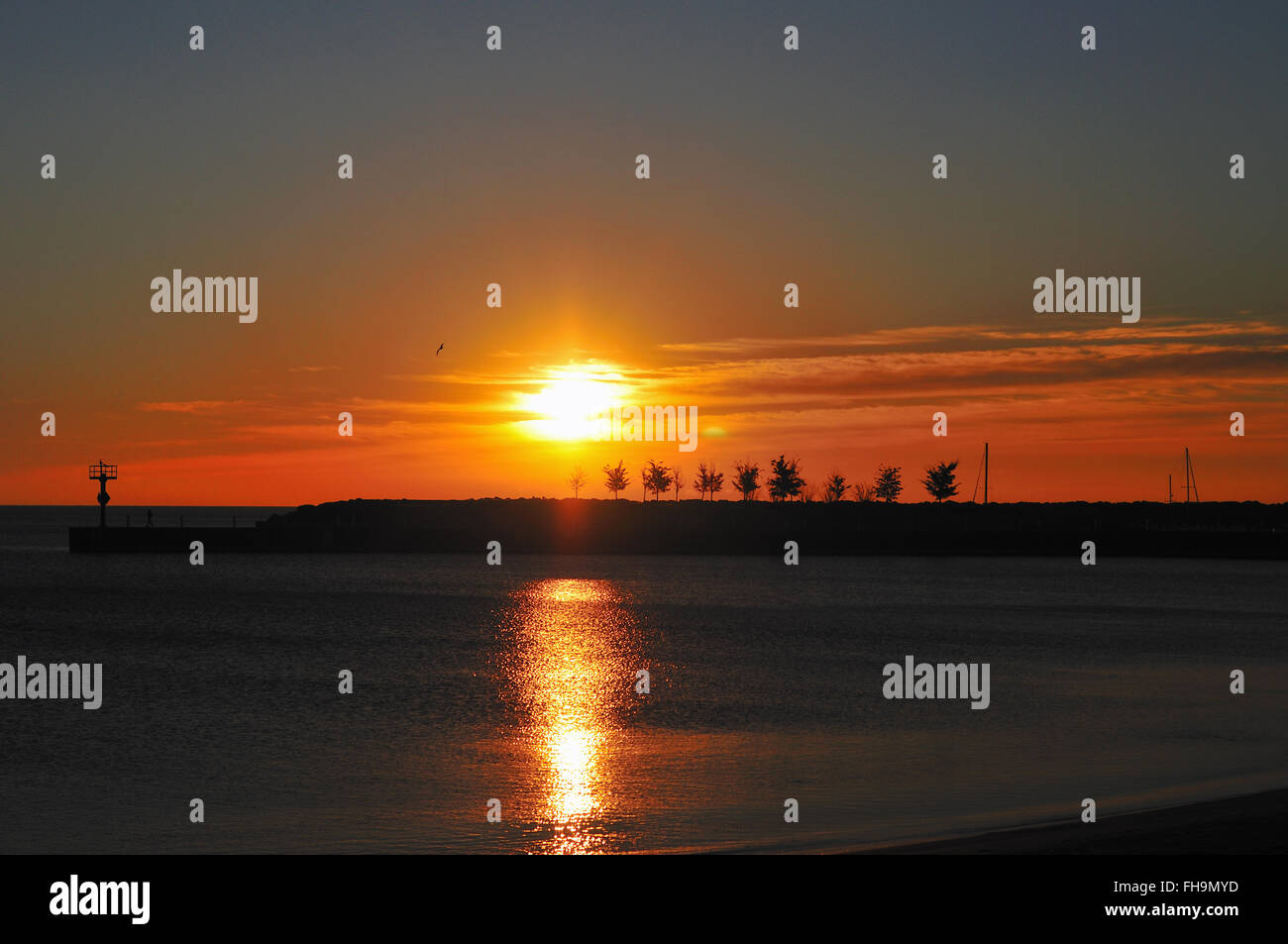 A cloudmuted sunrise provides a colorful beginning to the day above Lake Michigan and Chicago's