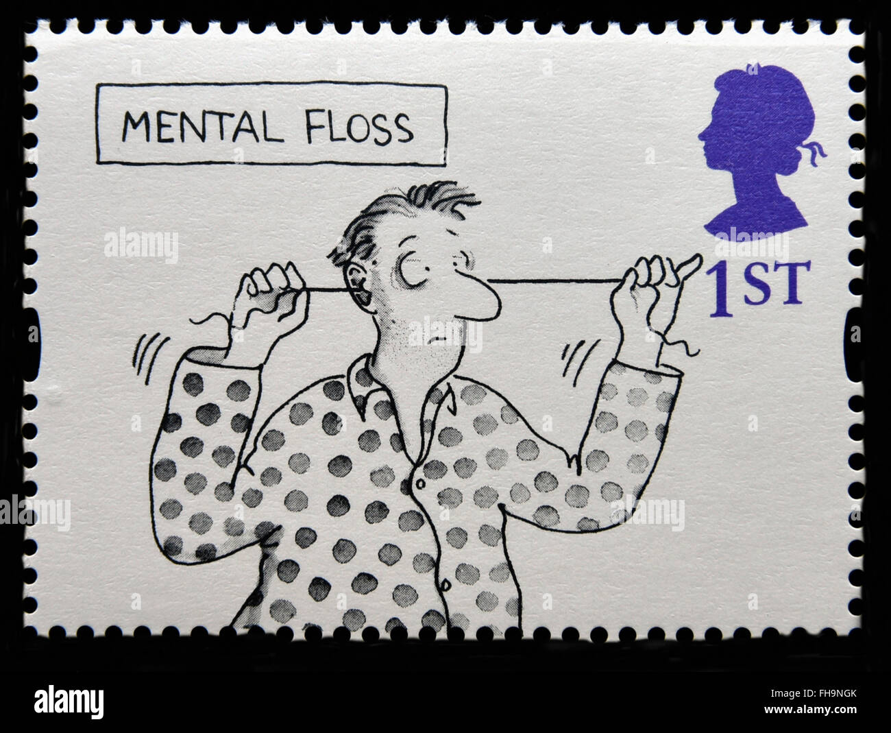Postage stamp. Great Britain. Queen Elizabeth II. 1996. Greetings Stamps. Cartoons. 'MENTAL FLOSS'. 1st. Stock Photo