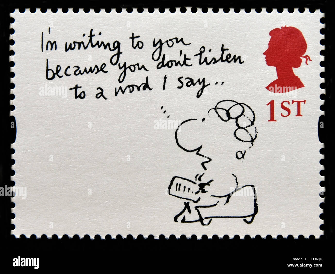 Postage stamp. Great Britain. Queen Elizabeth II. 1996. Greetings Stamps. Cartoons. 'I'm writing to you because you don't listen Stock Photo