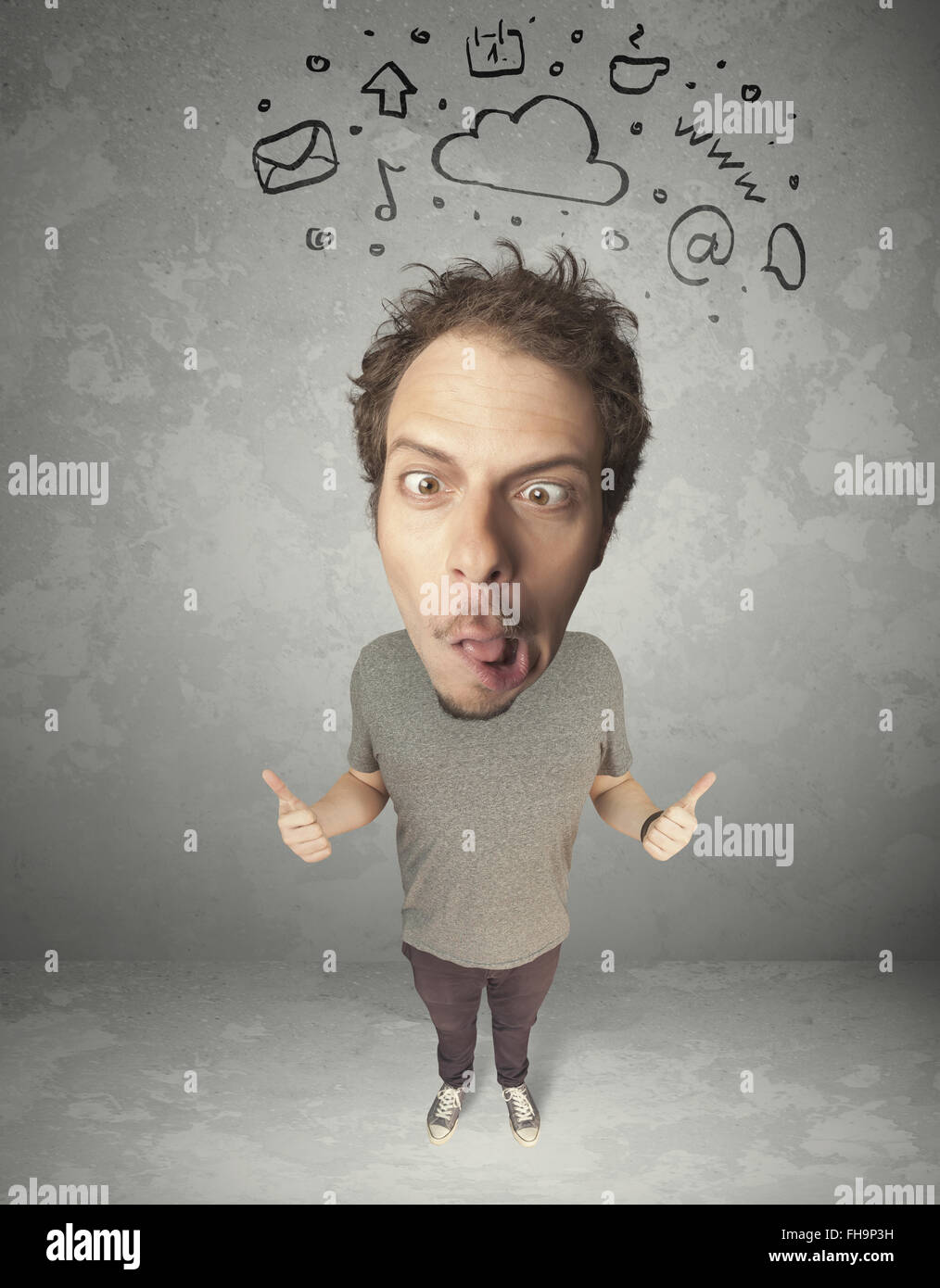 Big head person with social media marks Stock Photo Alamy