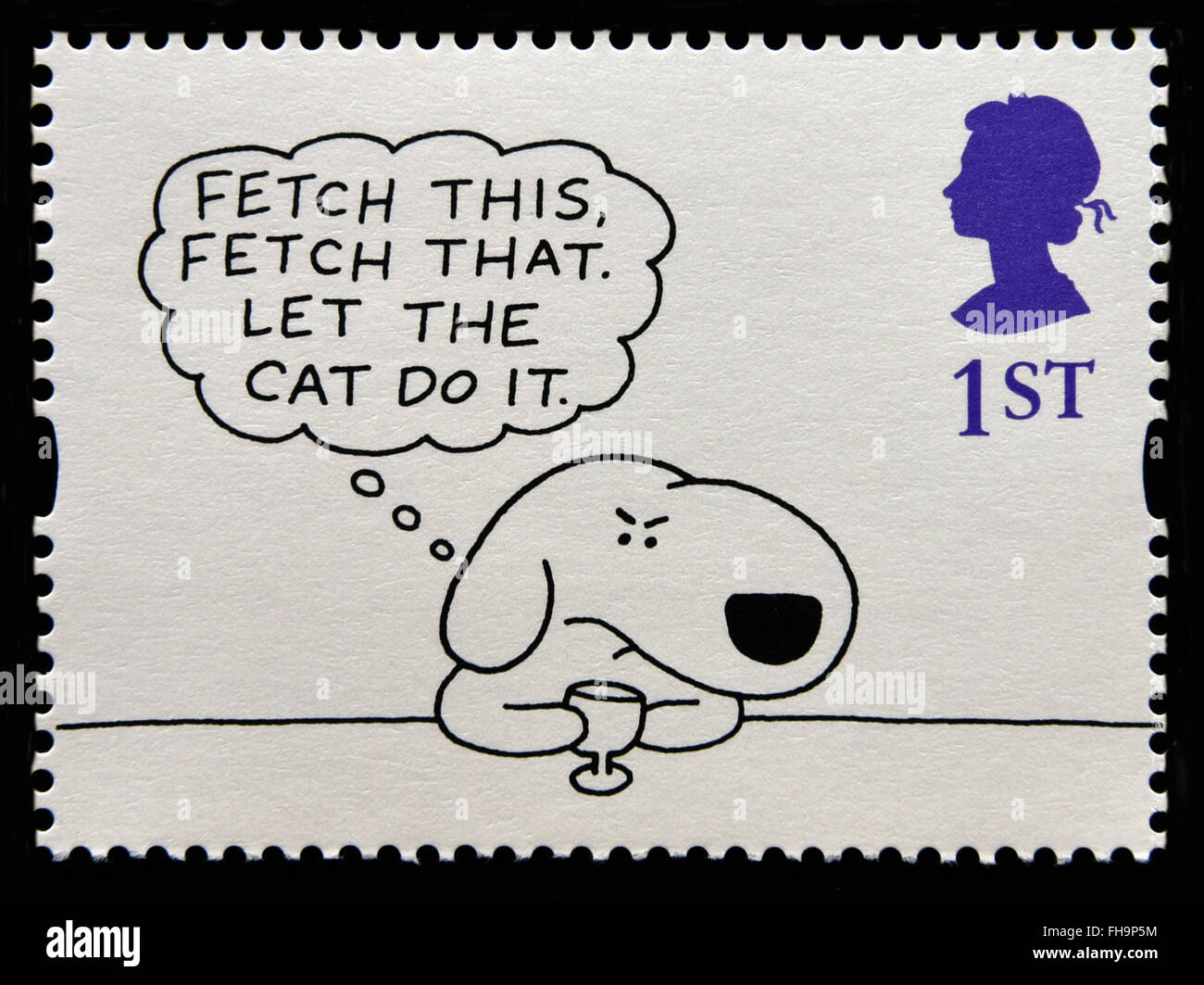 Postage stamp. Great Britain. Queen Elizabeth II. 1996. Greetings Stamps. Cartoons. 'FETCH THIS FETCH THAT, LET THE CAT DO IT'. Stock Photo