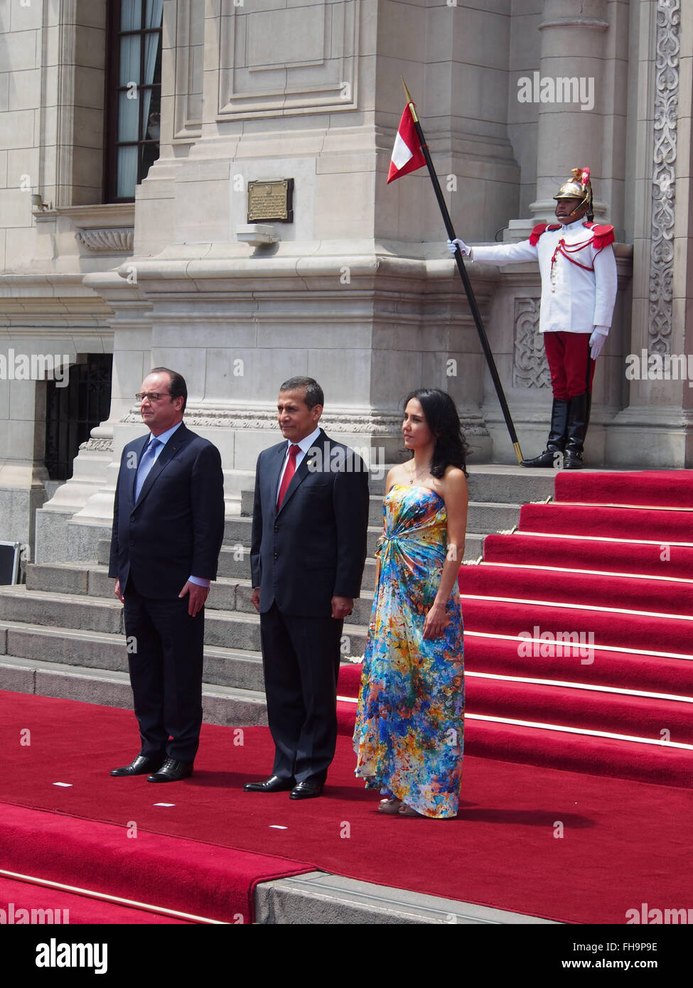 French president Francoise Hollande in official visit to Lima is welcomed by president of Peru Ollanta Humala and his wife Nadine Heredia. (Photo by Carlos Garcia Granthon / Pacific Press) Stock Photo