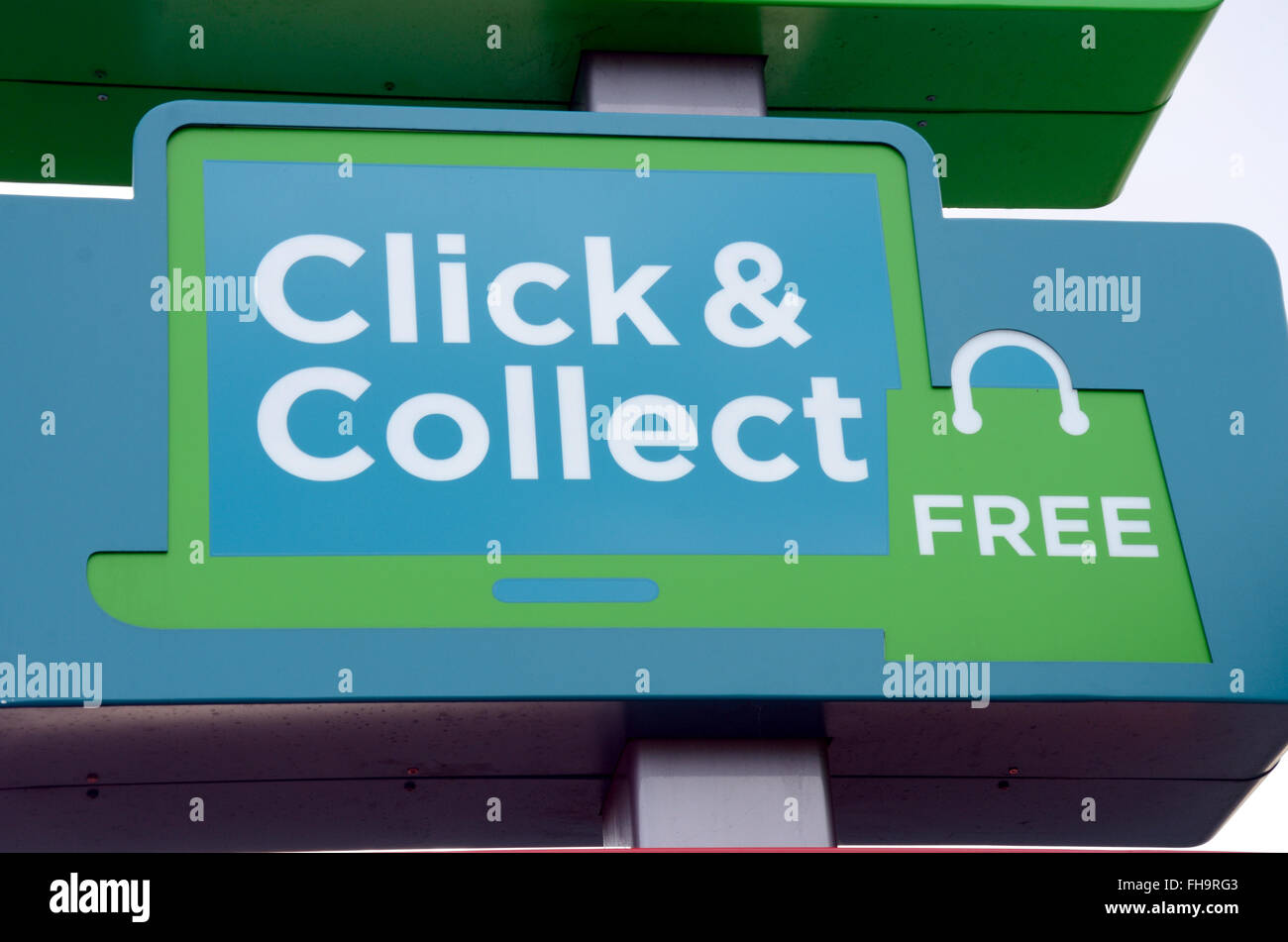 A click and collect sign at an Asda petrol station which has a collection point. Stock Photo