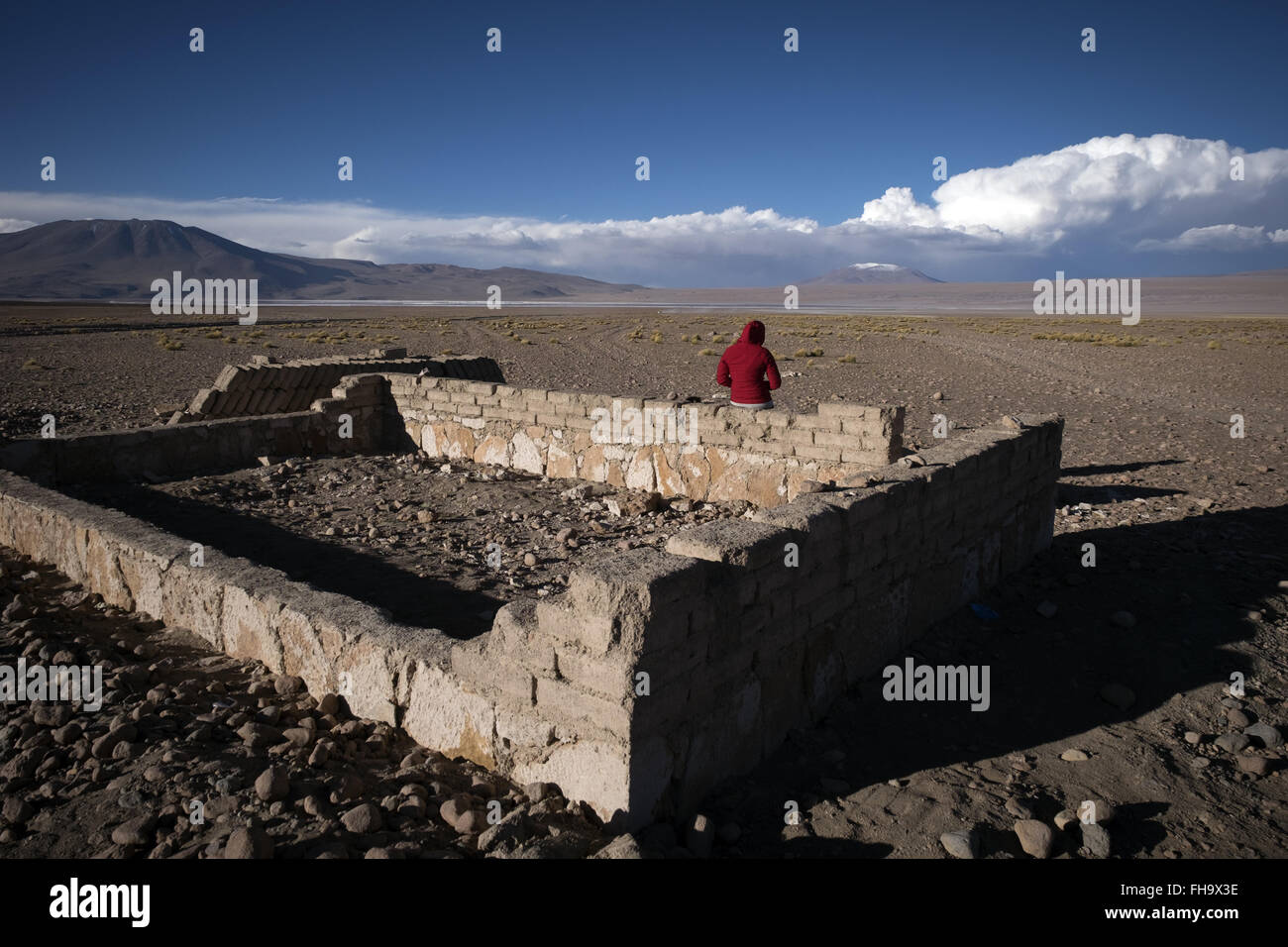 A tourist observes the landscape in Eduardo Avaroa Andean Fauna National Reserve Stock Photo
