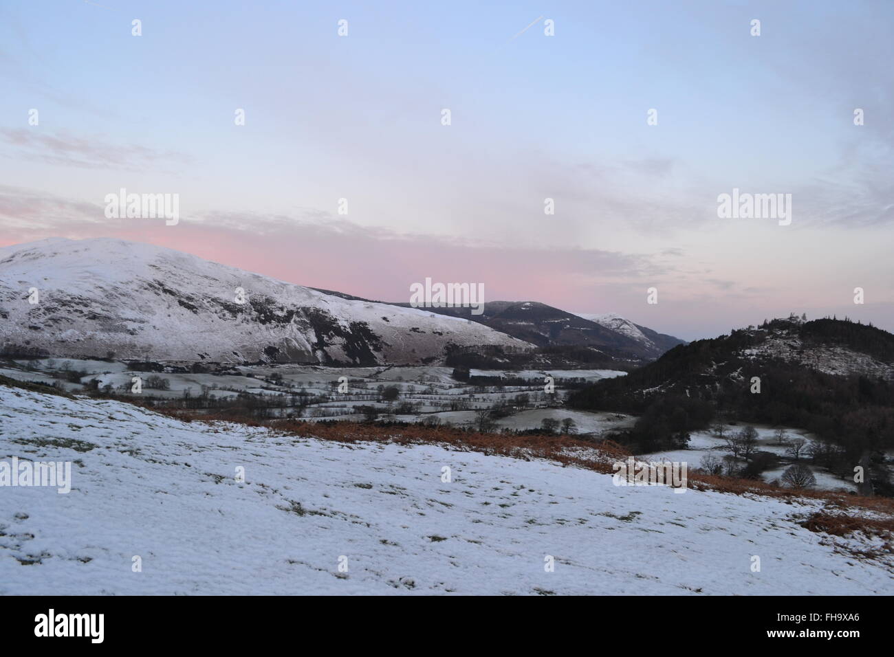Snow at Sunrise from Catbells Stock Photo