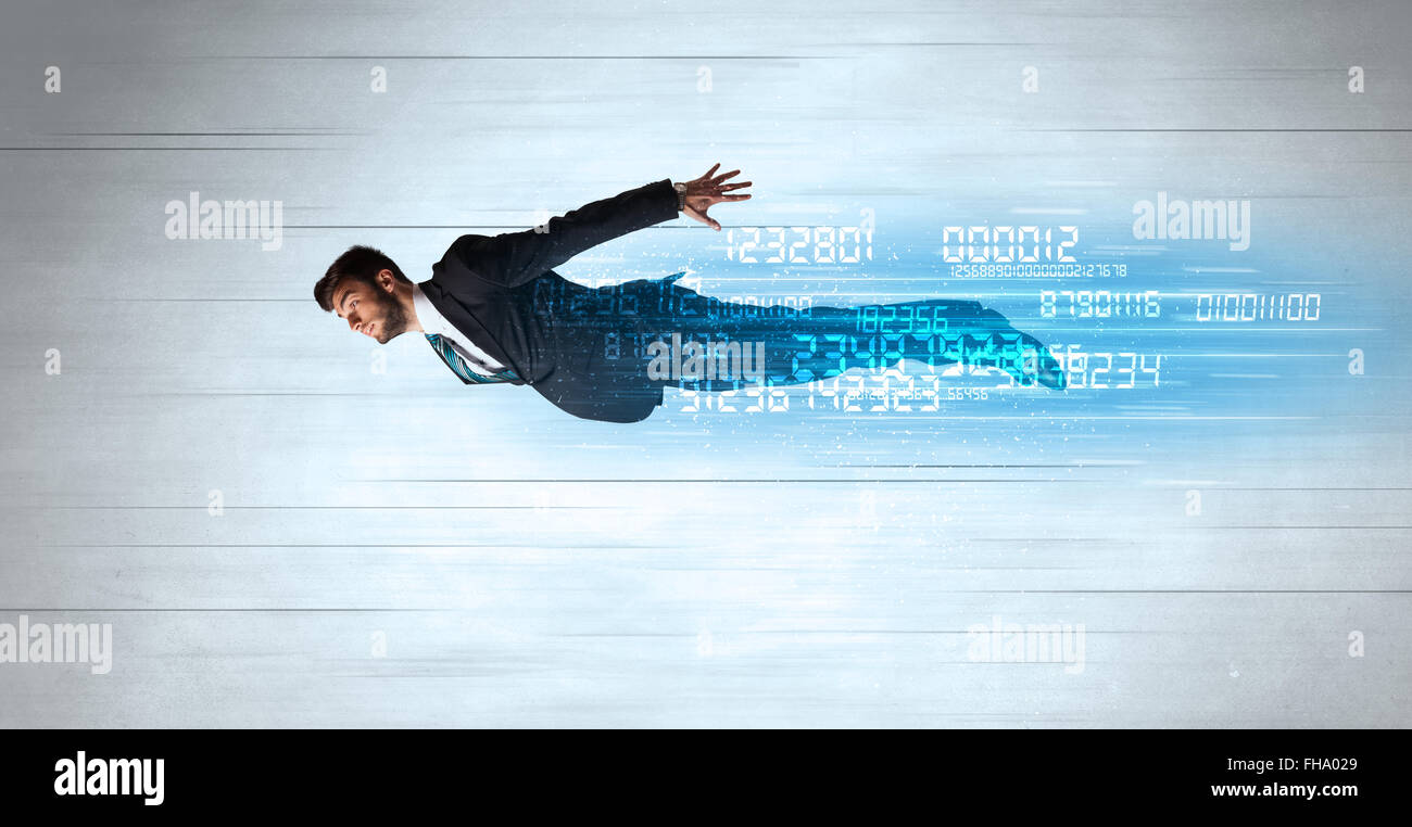 Businessman flying super fast with data numbers left behind Stock Photo ...