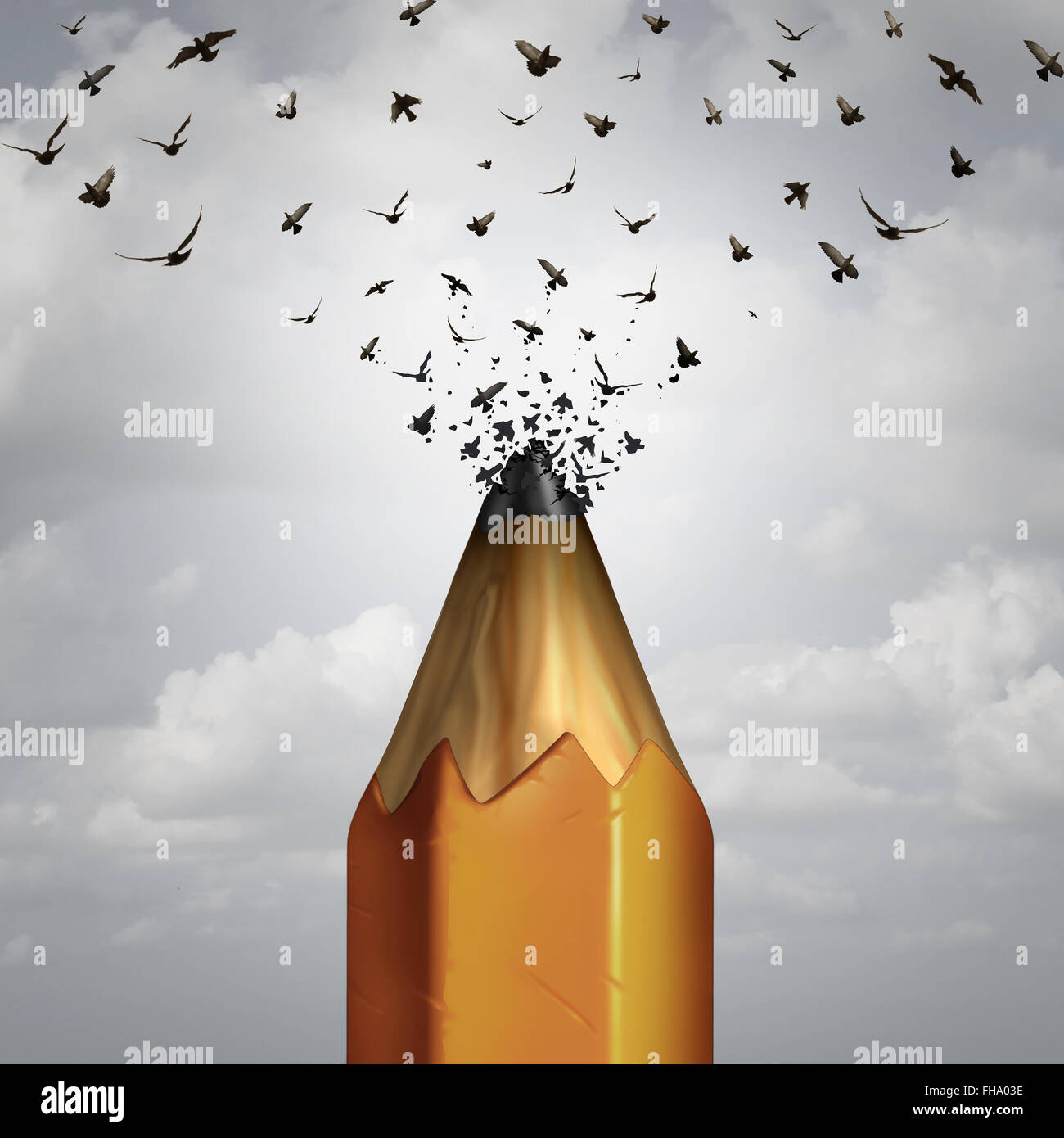 Creative pencil and take flight success concept as the lead of a pencil tip breaking away transforming into a group of birds taking off to freedom as an icon of marketing education and business creativity. Stock Photo