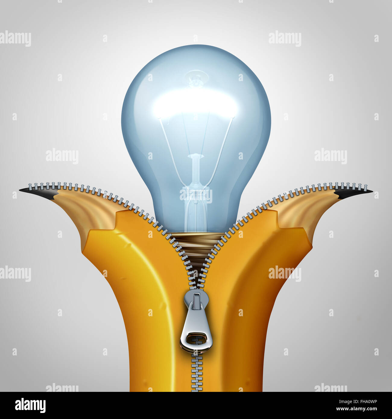 Open creativity strategy and business concept as an opened zipper on a pencil being unzipped and revealing a bright lightbulb icon as a metaphor for innovation invention and discovery. Stock Photo