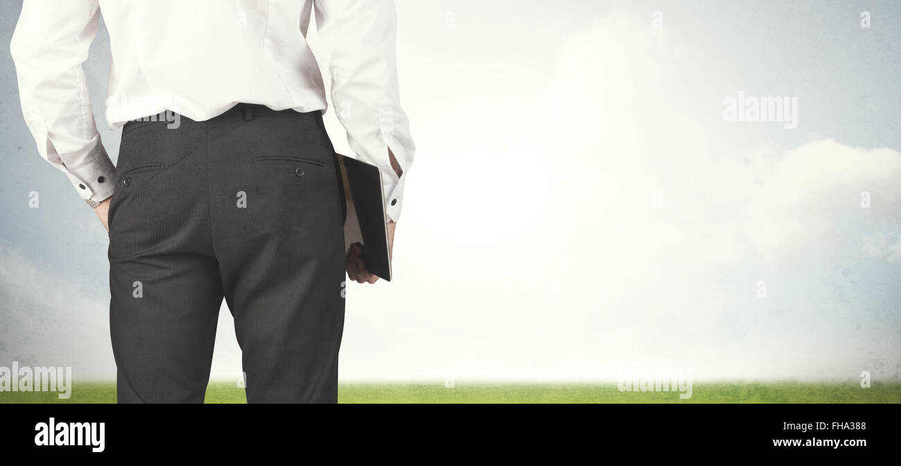 Businessman with meadow Stock Photo