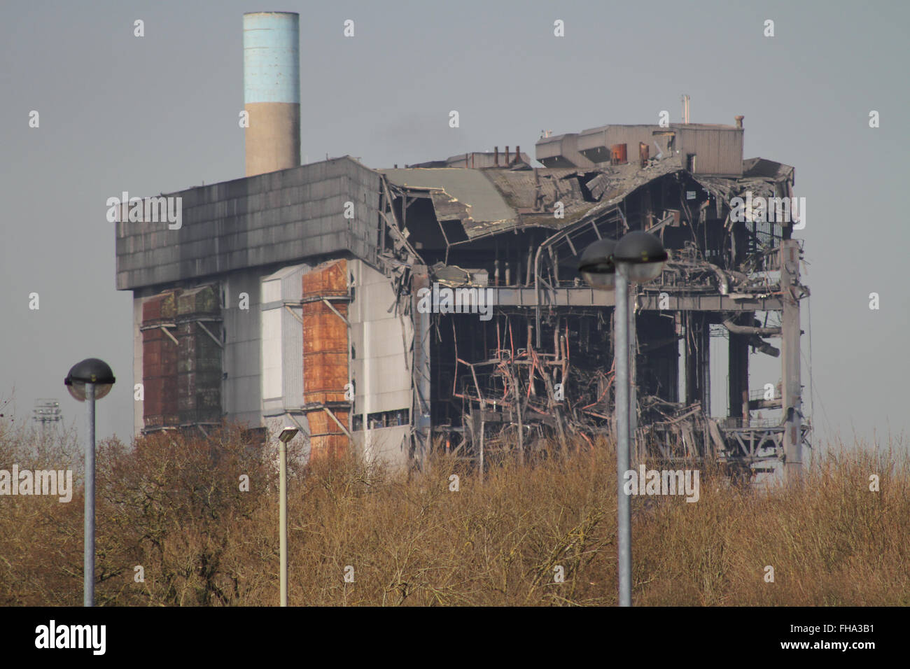 Didcot, UK, 24th Feb 2016. The extent of the collapse of the boiler