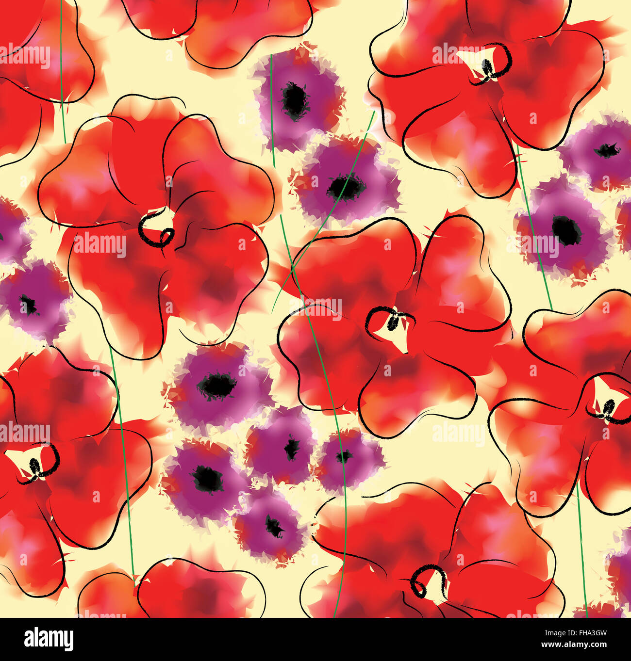 Adonis and gloxinia floral pattern. Large size Stock Photo