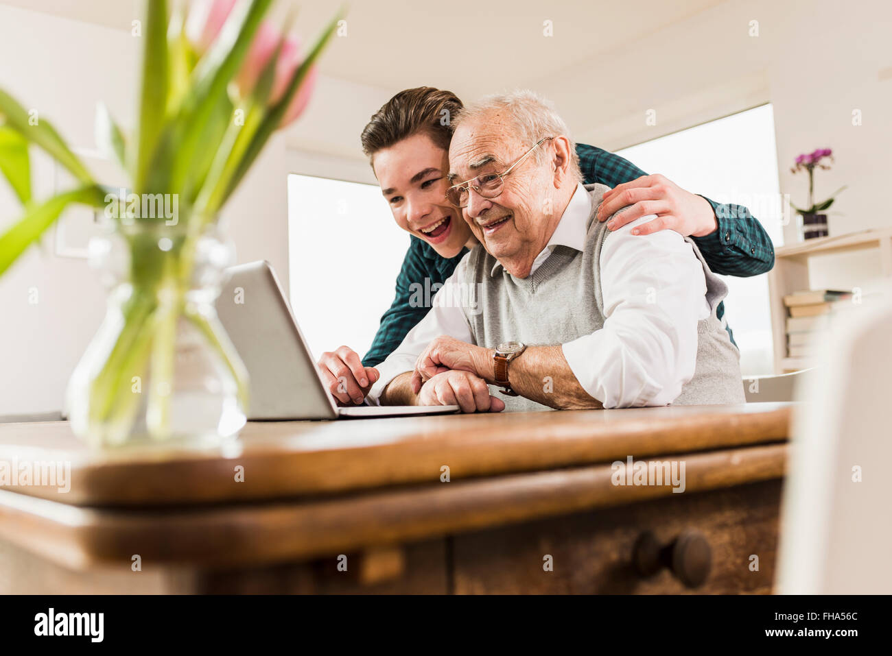 Senior man and his grandson looking together at laptop  in the living room Stock Photo