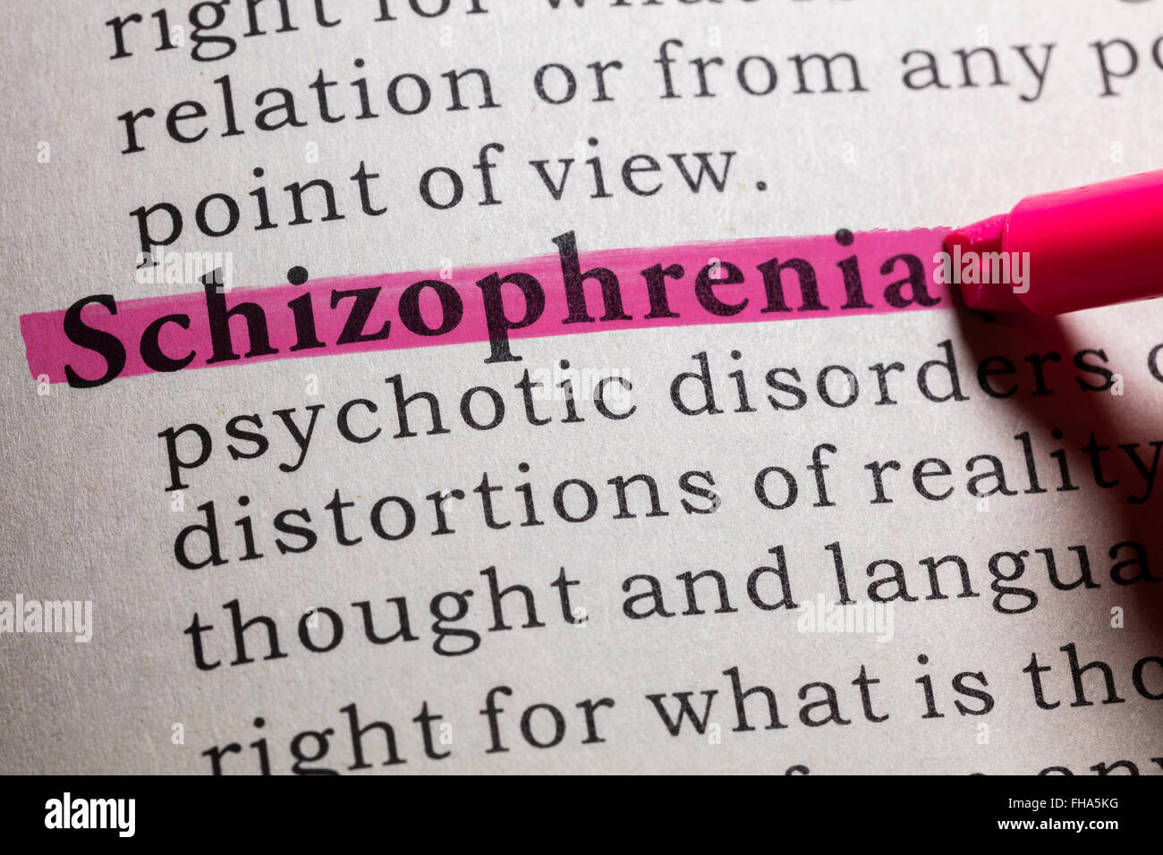 Fake Dictionary, Dictionary definition of the word Schizophrenia. Stock Photo