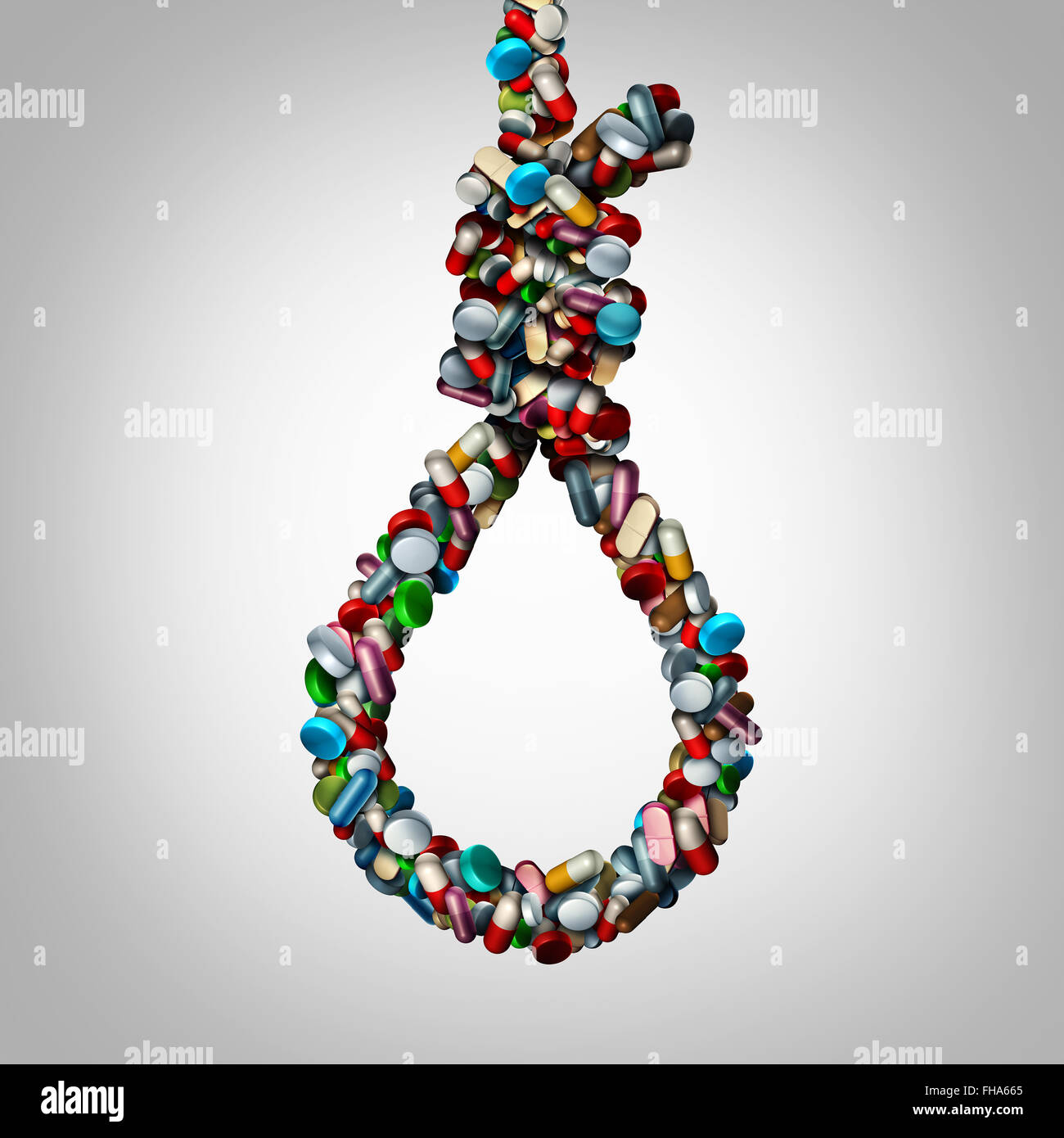 Medicine danger and prescription drug addiction medical concept as a group of medicine capsules and painkiller pills shaped as a suicide noose as a health care symbol with a medication addict risk. Stock Photo