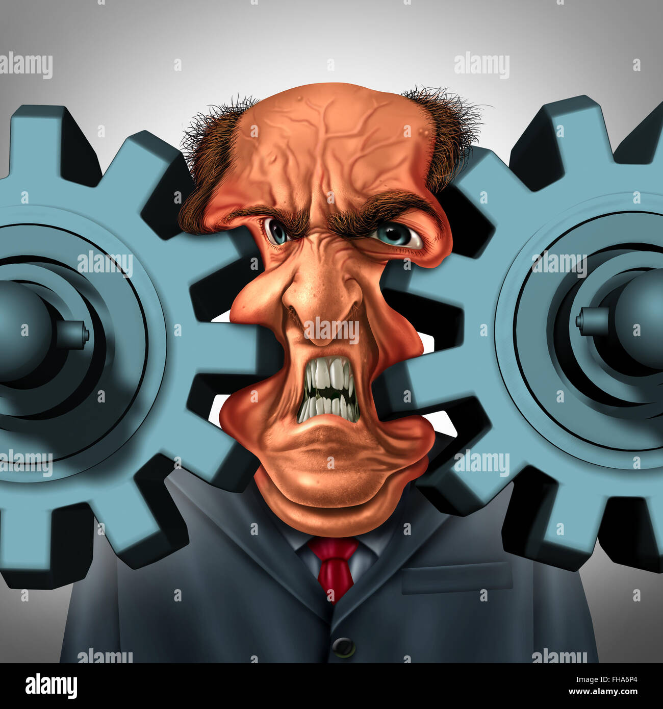 Business squeeze and company trouble concept as a businessman or boss stuck between two gears or cog wheels resulting in a painful technology and management problem as a corporate pressure symbol. Stock Photo