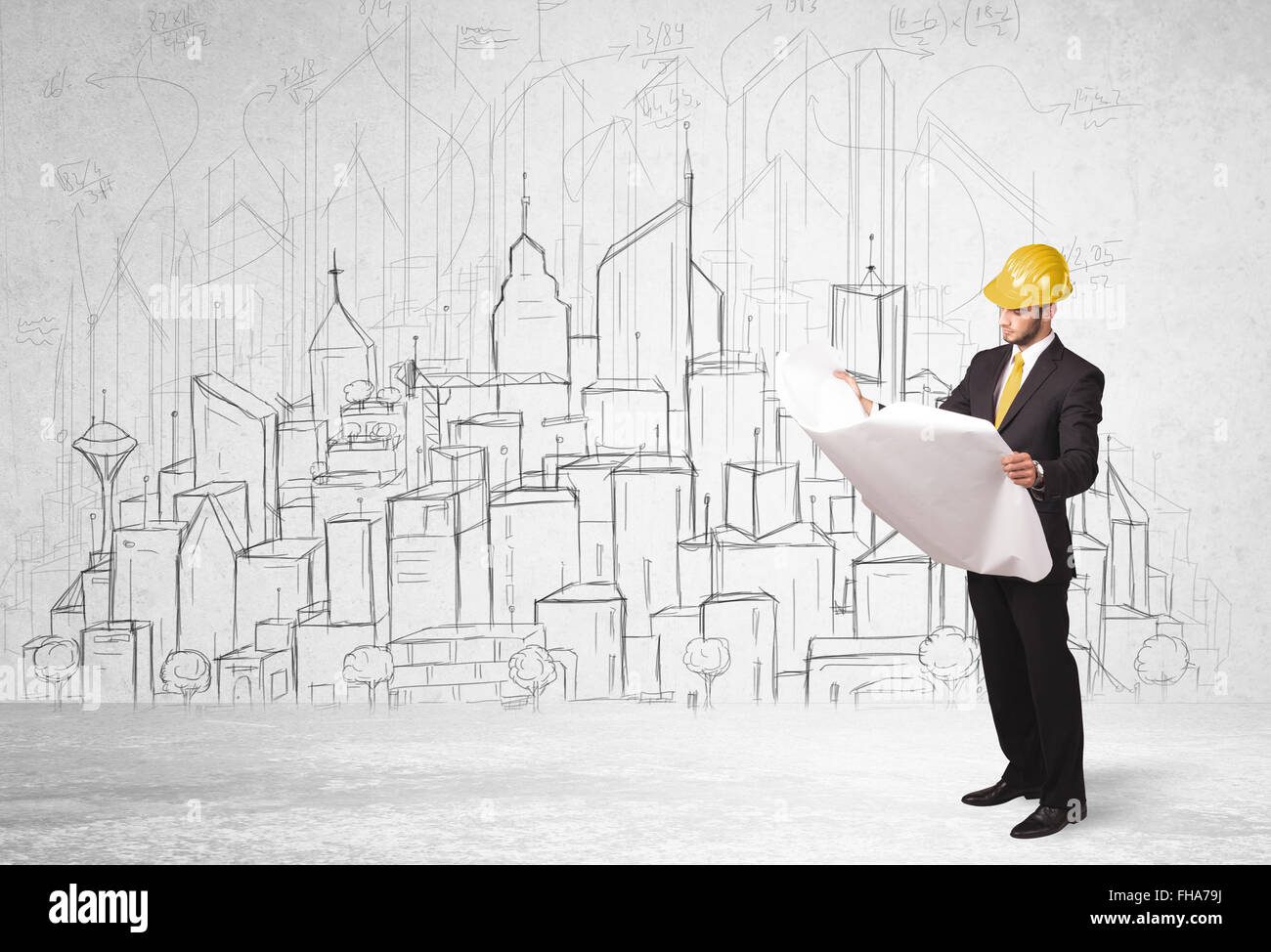 Construction worker with cityscape background Stock Photo - Alamy