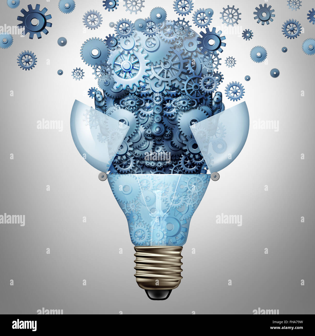 Artificial intelligence ideas as a robot head symbol made of gears and cog wheels emerges out of an open light bulb or lightbulb as an icon of highly advanced creative computing technology. Stock Photo