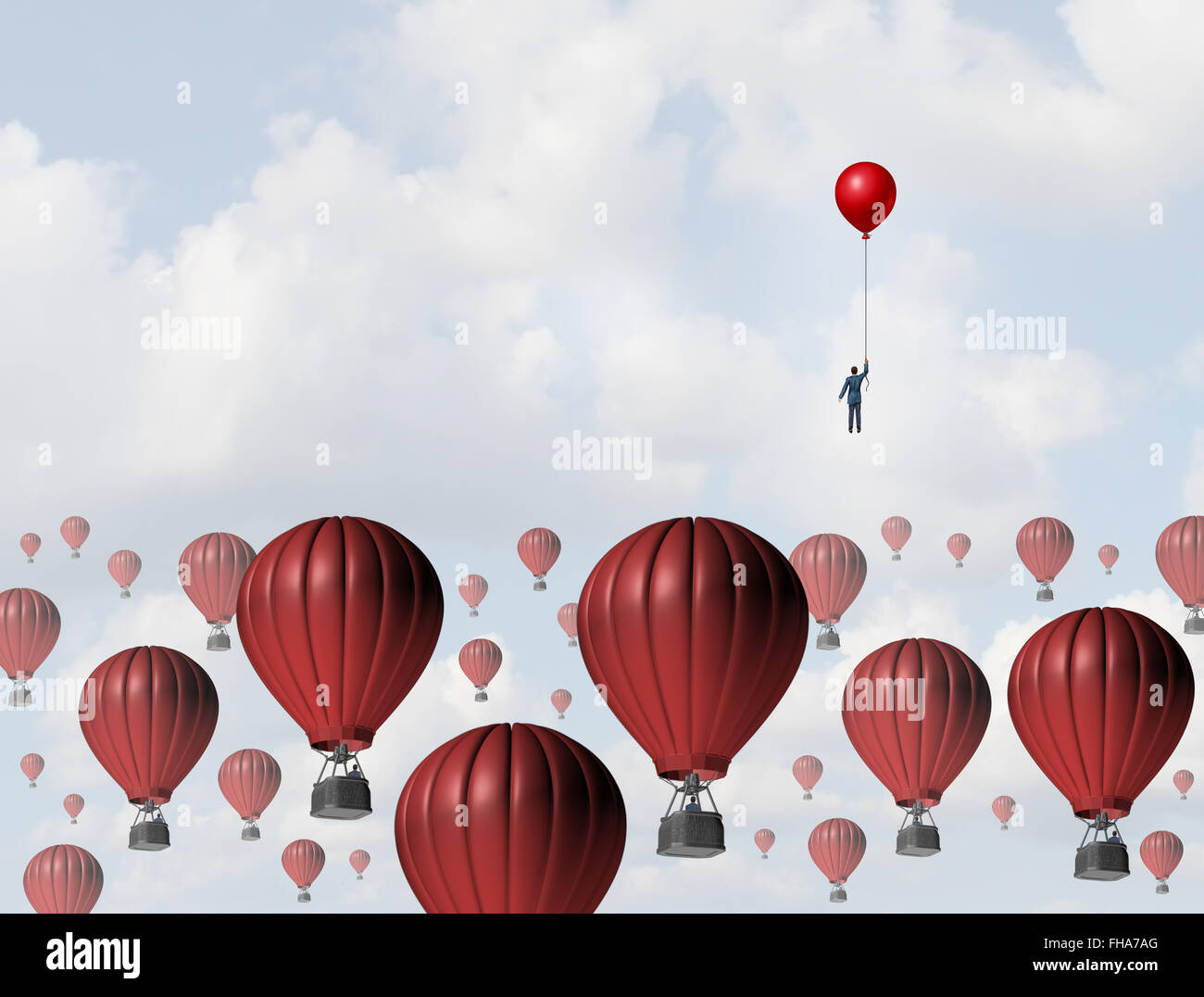 Increase efficiency and improve performance business concept as a businessman holding a balloon leading the race to the top against a group of slow hot airballoons by using a low cost winning strategy. Stock Photo