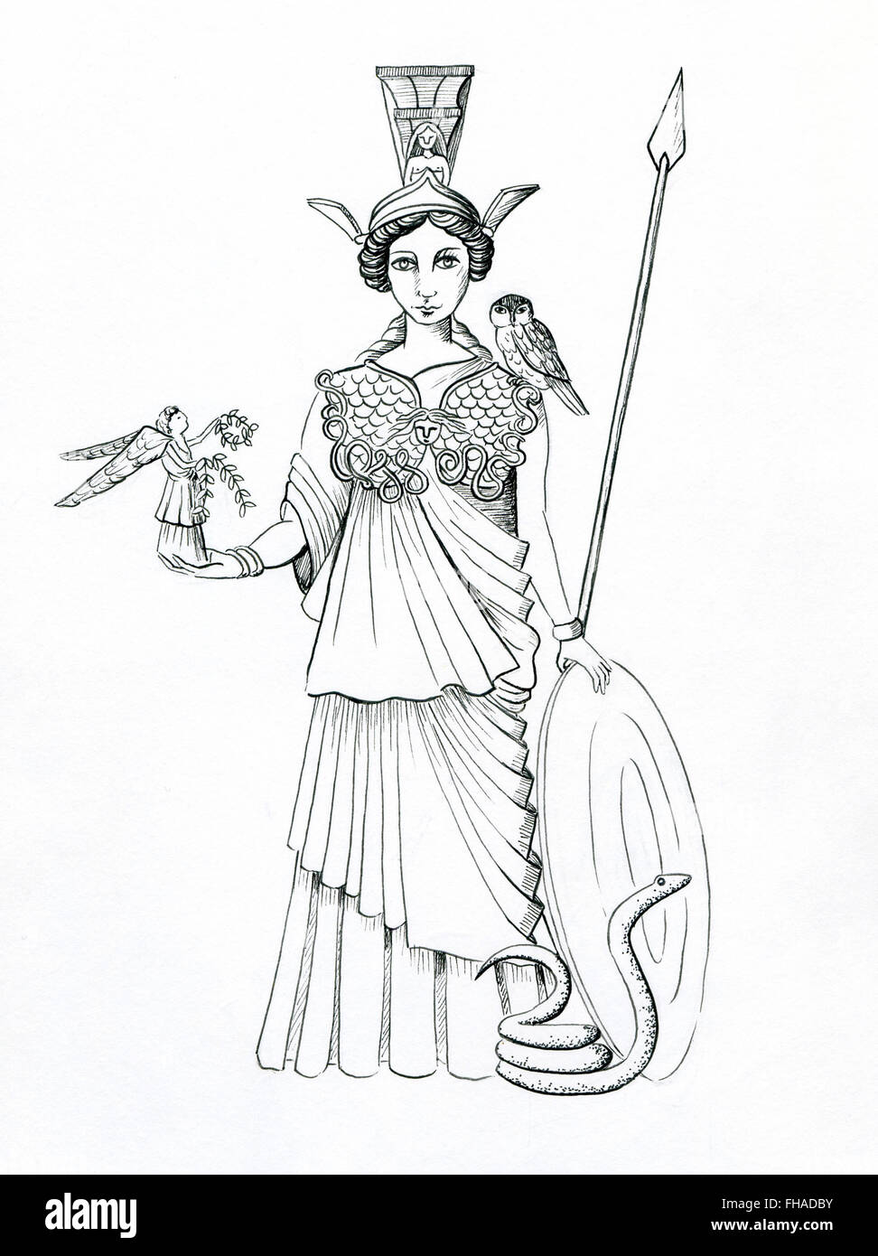 Line drawing of Athena, Minerva holding Nike,spear, shield and wearing a Gorgoneia with aegis and owl and snake. Stock Photo