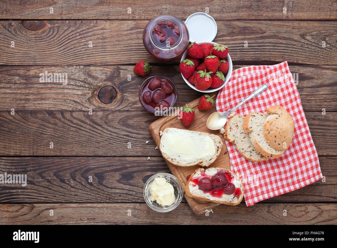 overhead view on healthy breakfast with strawberry jam Stock Photo - Alamy