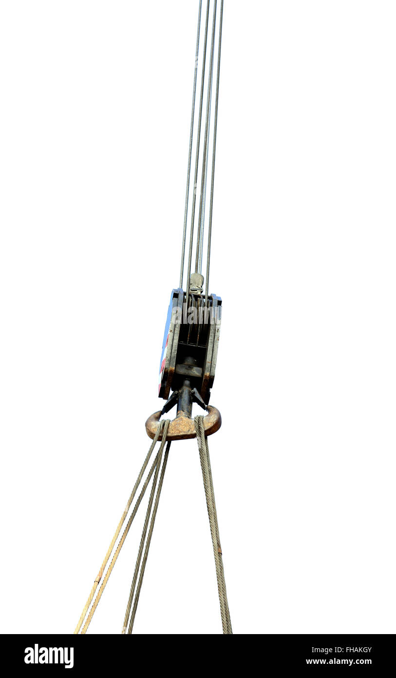 big pulley with steel cables to lift heavy loads and reducing the effort Stock Photo Alamy