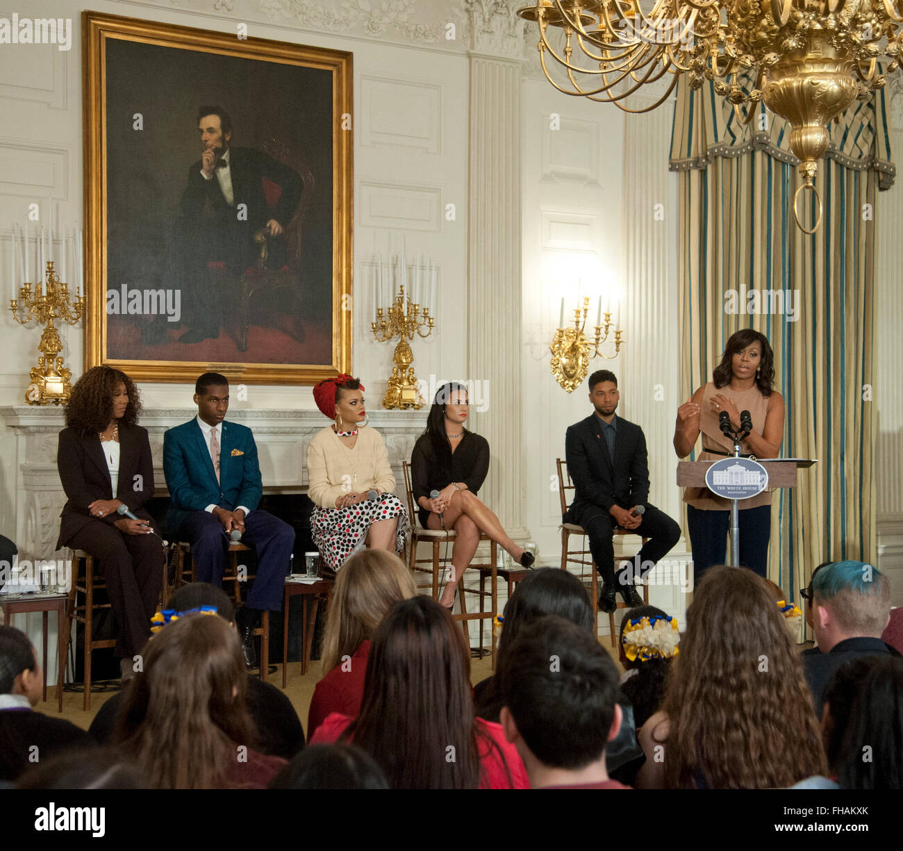 Washington DC, USA. 24th February, 2016.As part of the “In Performance at the White House” series,  the First Lady hosts a special daytime workshop for students. The First Lady will welcome more than 130 middle school, high school and college students from across the country to take part in an interactive student workshop: “The Musical Legacy of Ray Charles.”She was joined by Yolanda Adams, Leon Bridges, Audra Day, Demi Lavato and Jussie Smollett Credit:  Patsy Lynch/Alamy Live News Stock Photo