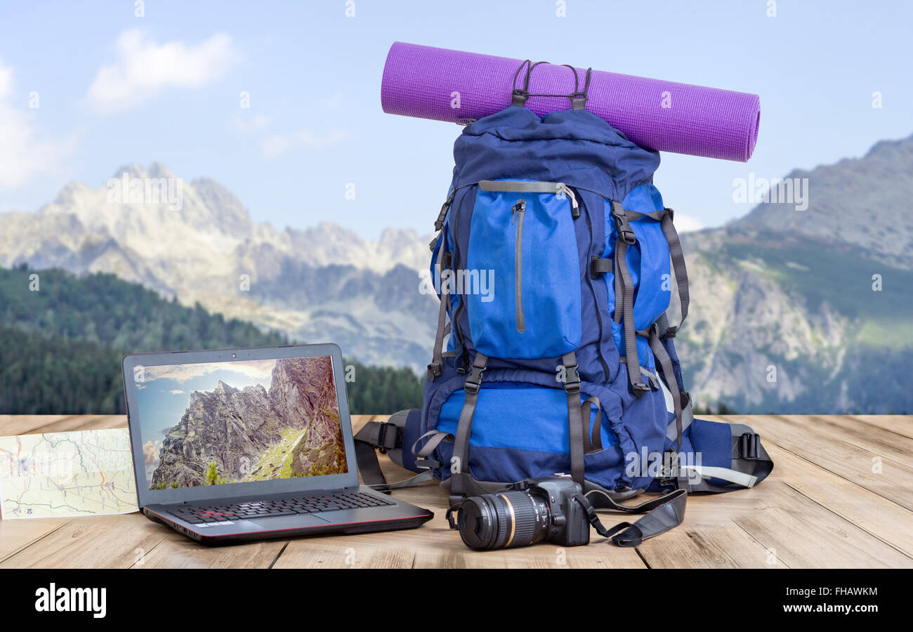 travel photographer backpack Stock Photo