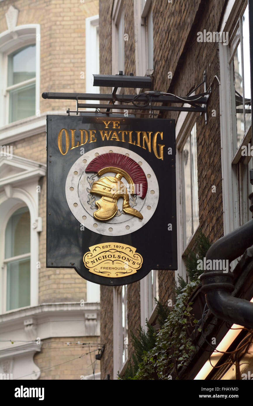 Ye Olde Watling pub sign in Watling Street, London, England Stock Photo