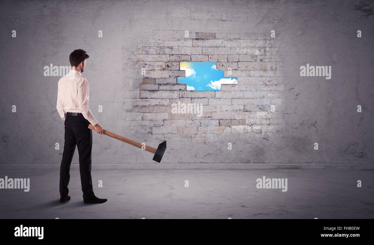Business man hitting brick wall with hammer Stock Photo Alamy
