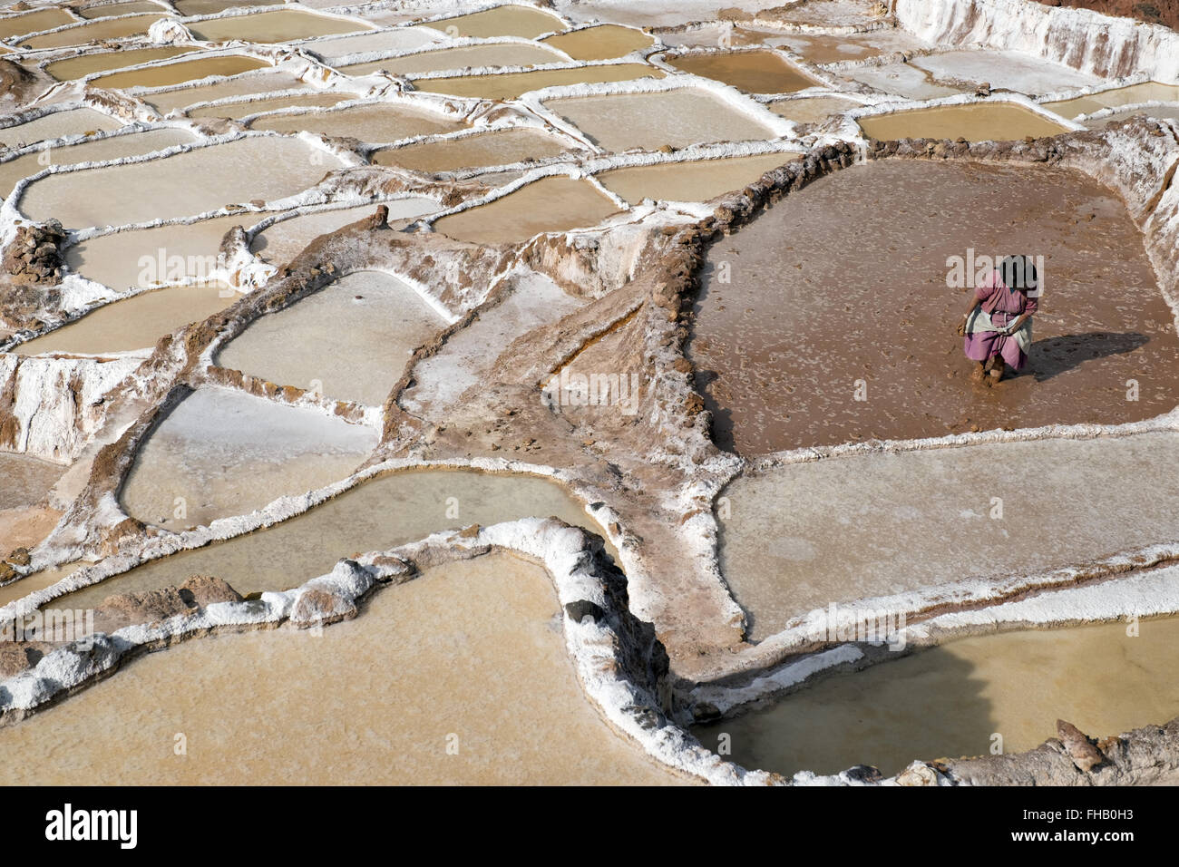 Salt mines of Inca times in Maras community in the Sacred Valley. Stock Photo
