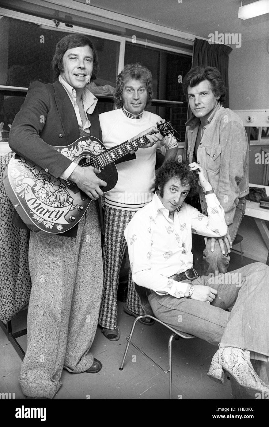 Marty Wilde, Tommy Bruce, Carl Simmons and Jess Conrad touring on the 75 Rock and Roll Roadshow in Oakengates 1975 Stock Photo