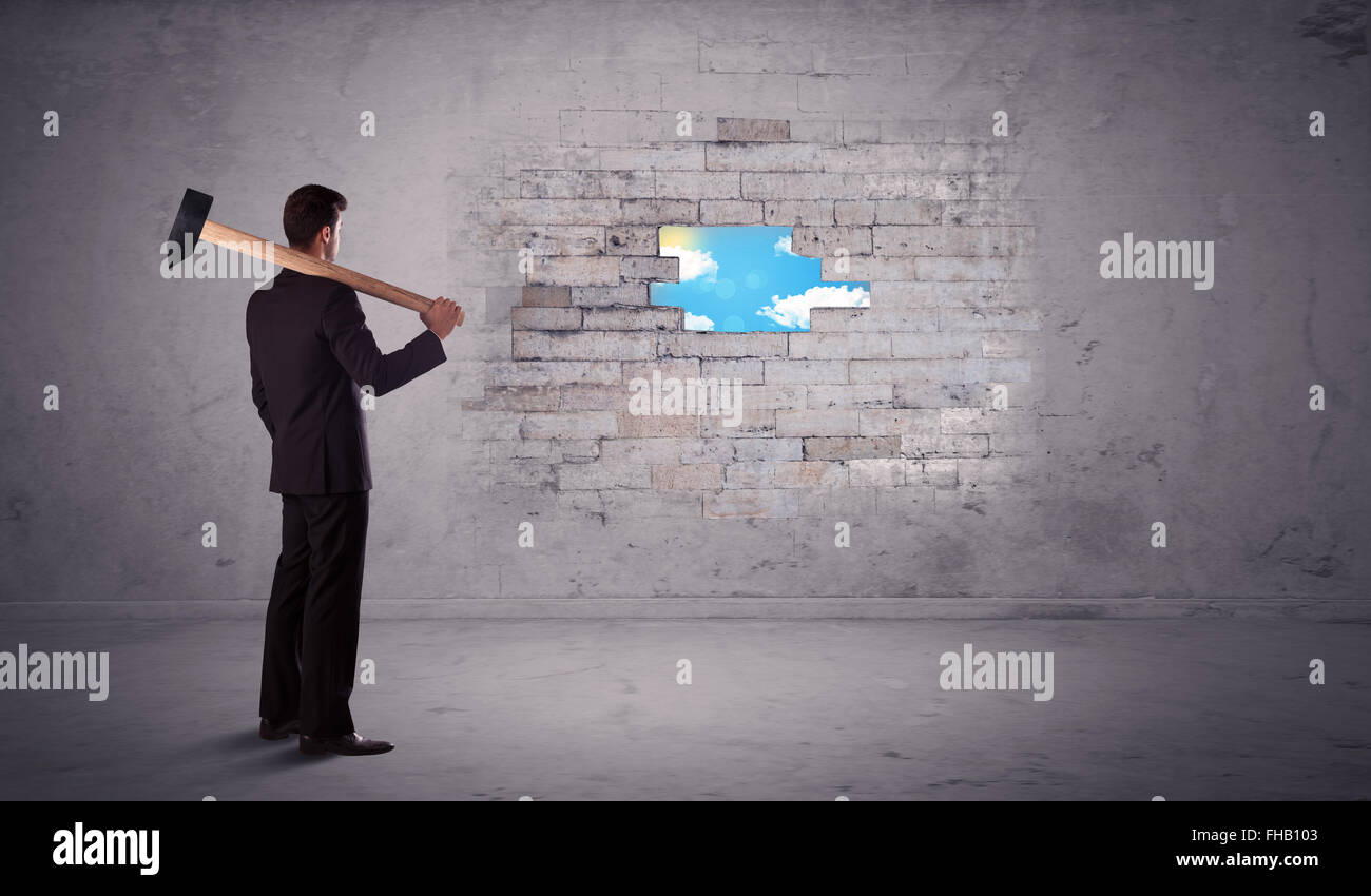 Business man hitting brick wall with hammer Stock Photo Alamy