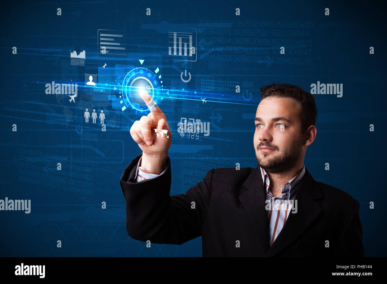 Handsome businessman touching future web technology buttons and icons ...