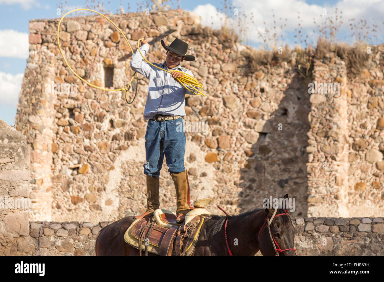 A Mexican charro or cowboy practices roping skills on his horse before ...