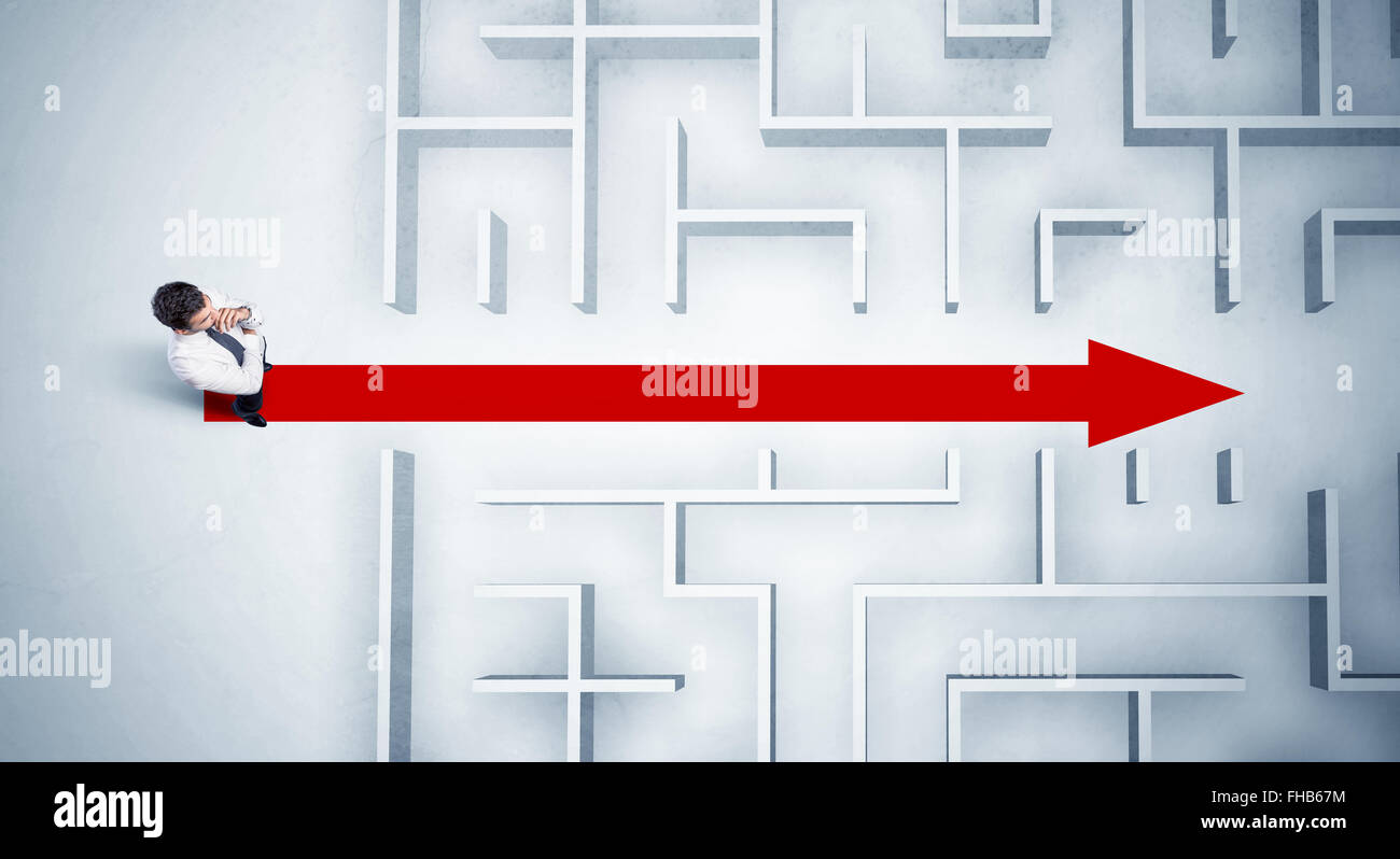 Business man looking at maze with red arrow Stock Photo - Alamy