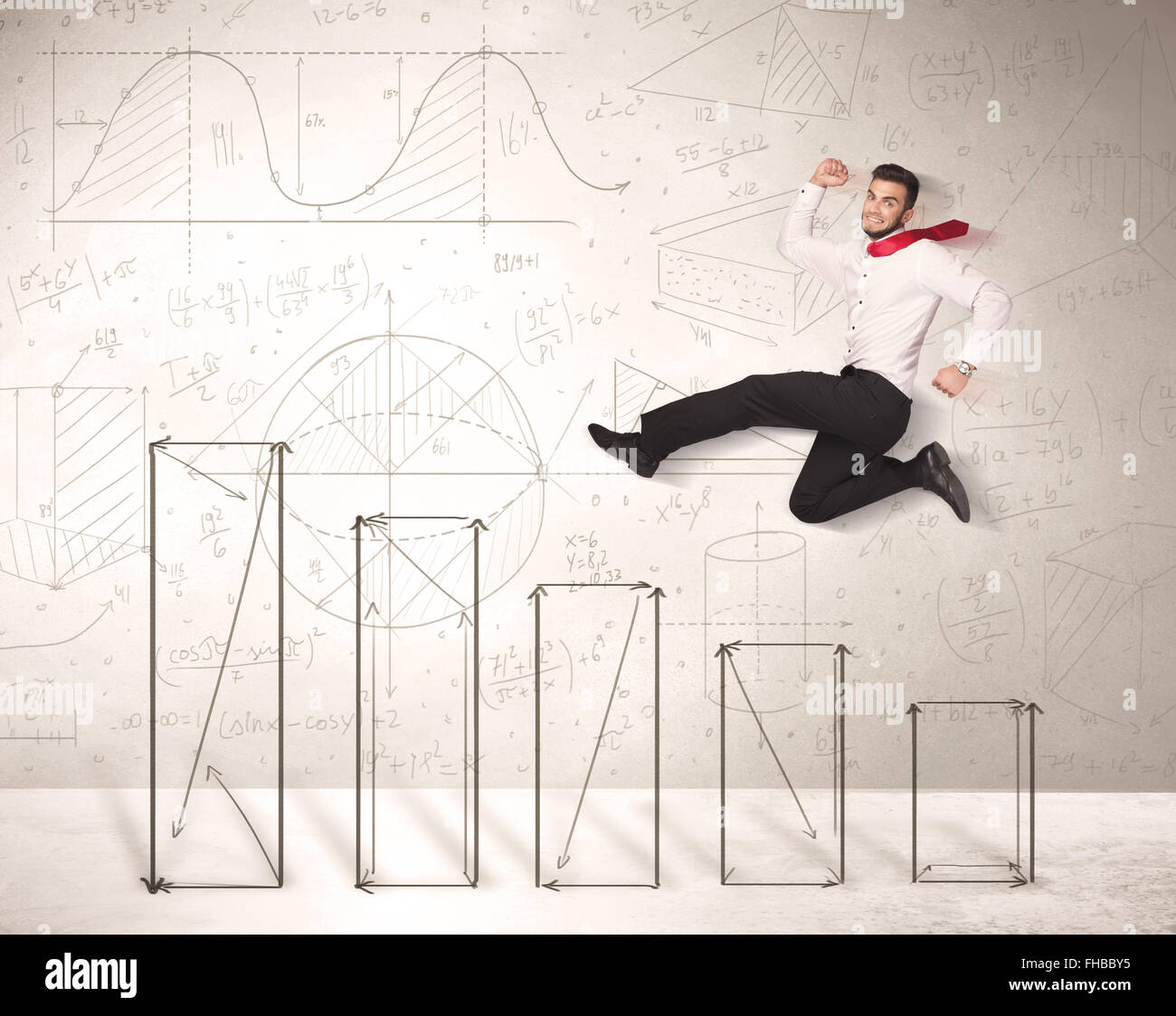 Fast business man jumping up on hand drawn charts Stock Photo