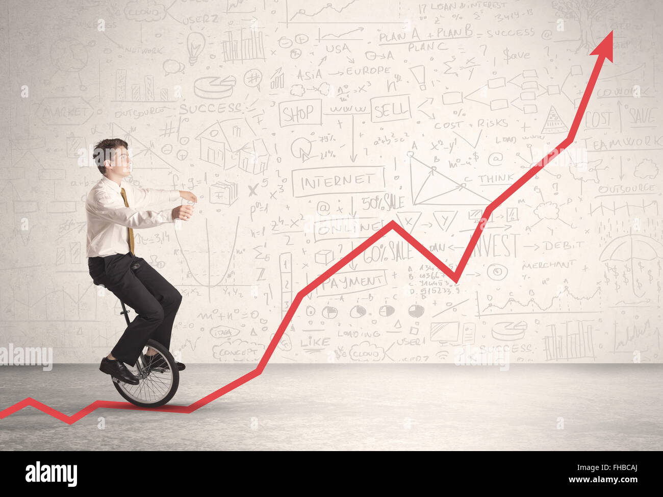 Business parson riding unicycle on an uprising red arrow Stock Photo ...